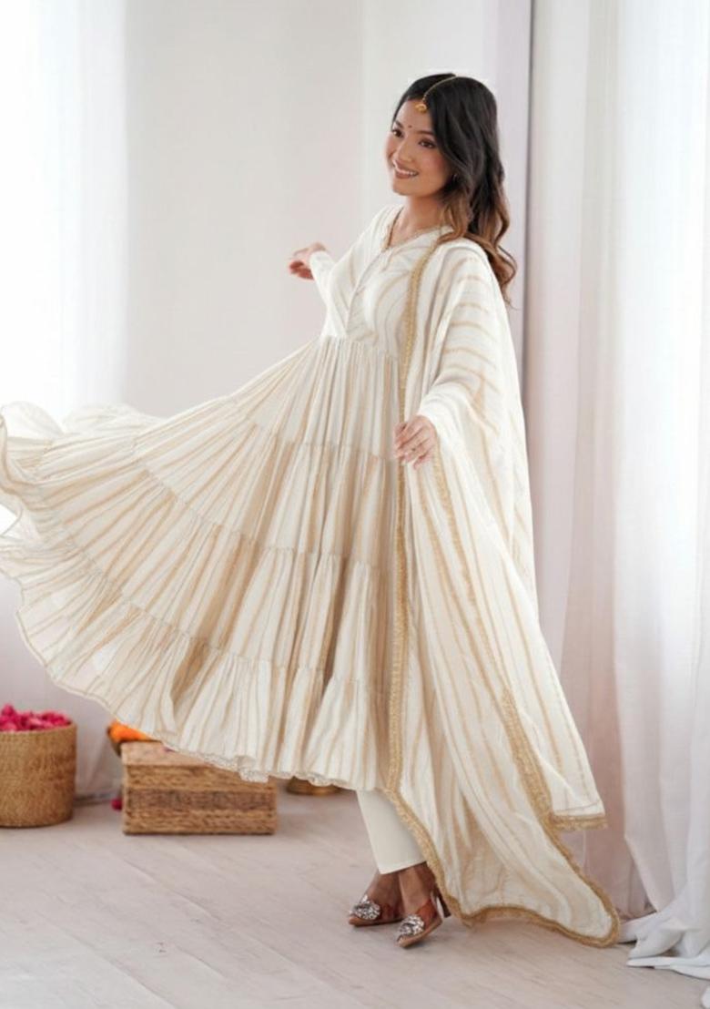 White Mirror With Handwork Chanderi Anarkali Set - Indya