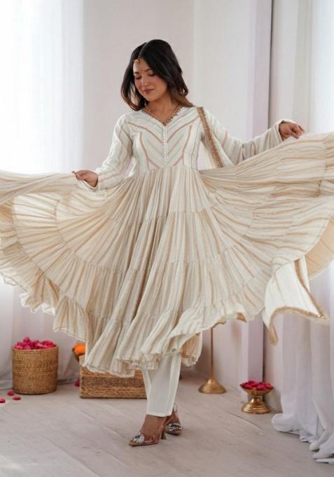 White Mirror With Handwork Chanderi Anarkali Set