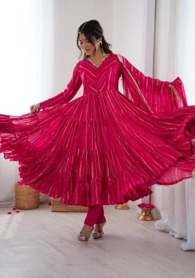 Pink Mirror With Handwork Chanderi Anarkali Set