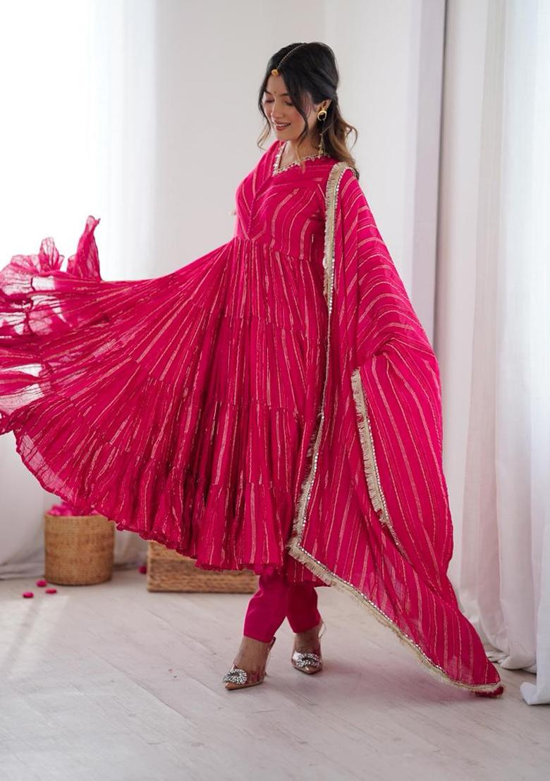 Pink Mirror With Handwork Chanderi Anarkali Set - Indya