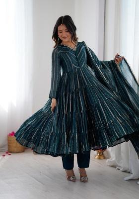 Teal Blue Mirror With Handwork Chanderi Anarkali Set