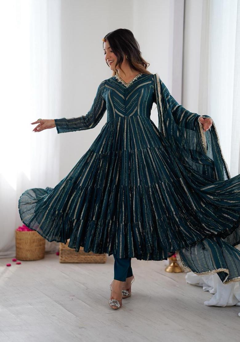 Teal Blue Mirror With Handwork Chanderi Anarkali Set - Indya