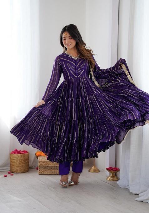 Purple Mirror With Handwork Chanderi Anarkali Set