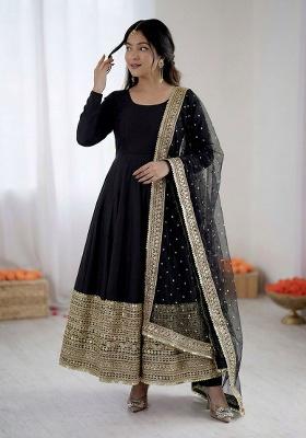 Black Codding Sequence Work Silk Anarkali Set