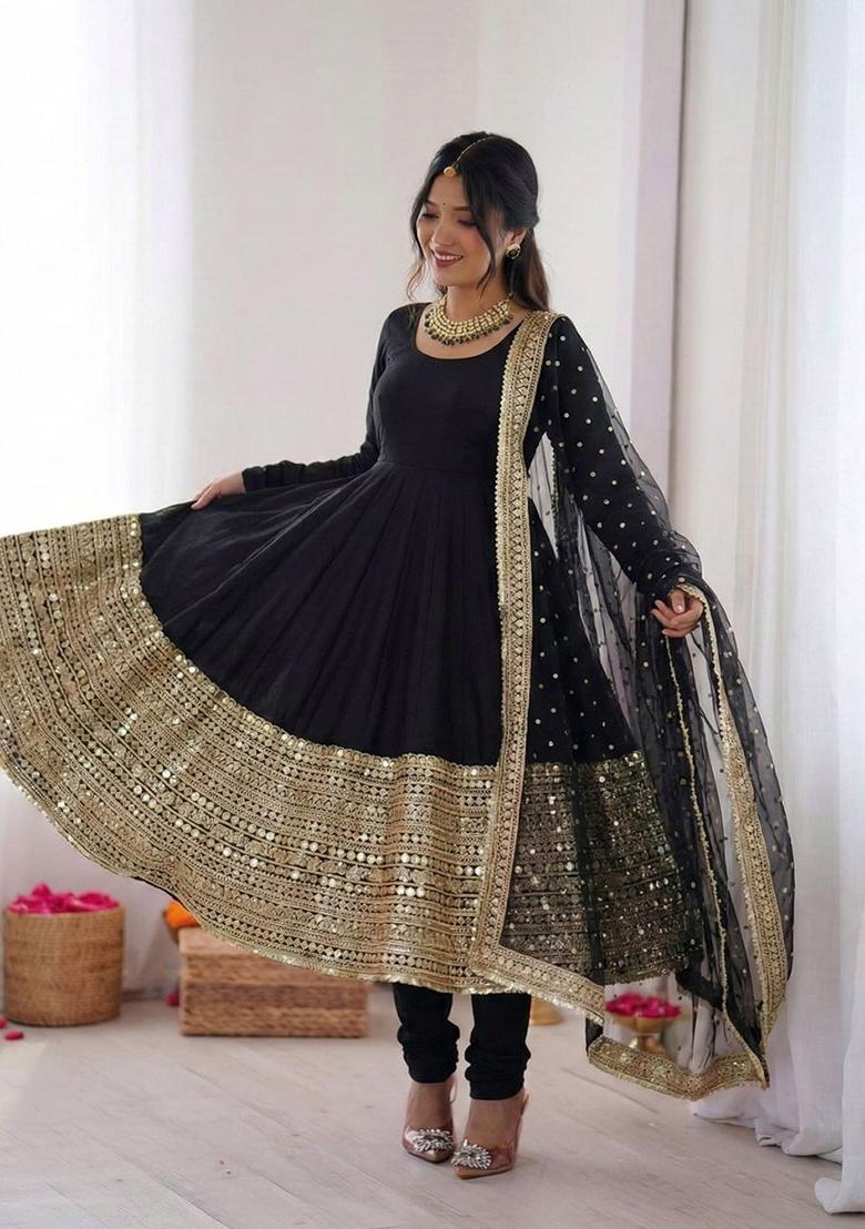 Black Codding Sequence Work Silk Anarkali Set - Indya