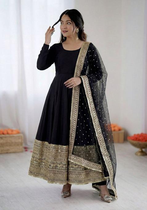Black Codding Sequence Work Silk Anarkali Set