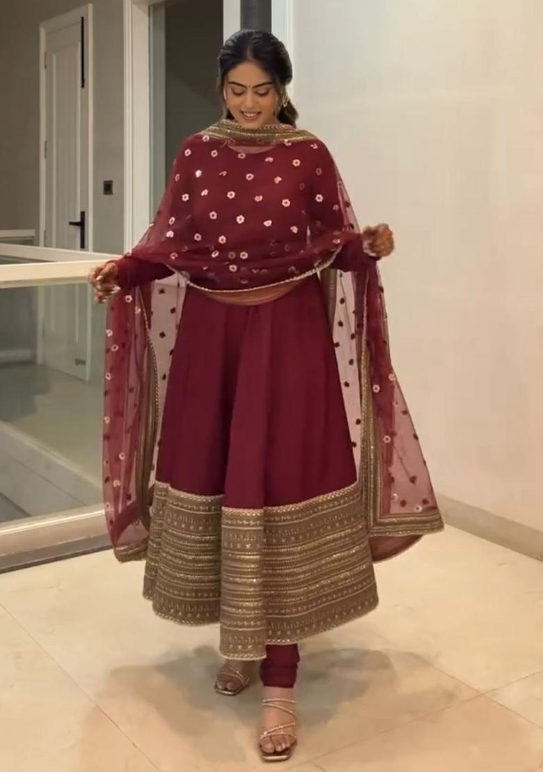 Maroon Codding Sequence Work Silk Anarkali Set - Indya
