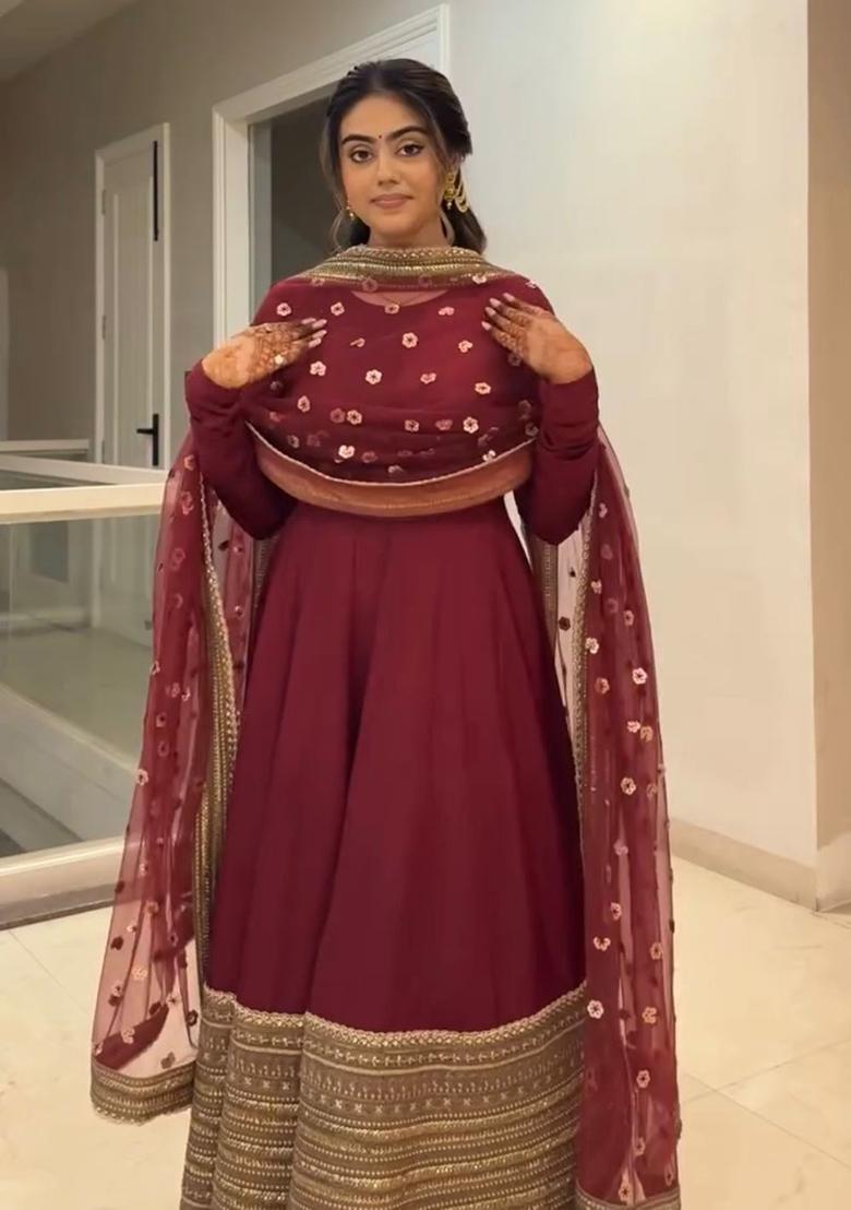 Maroon Codding Sequence Work Silk Anarkali Set - Indya