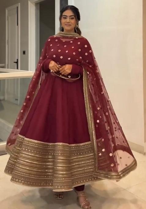 Maroon Codding Sequence Work Silk Anarkali Set