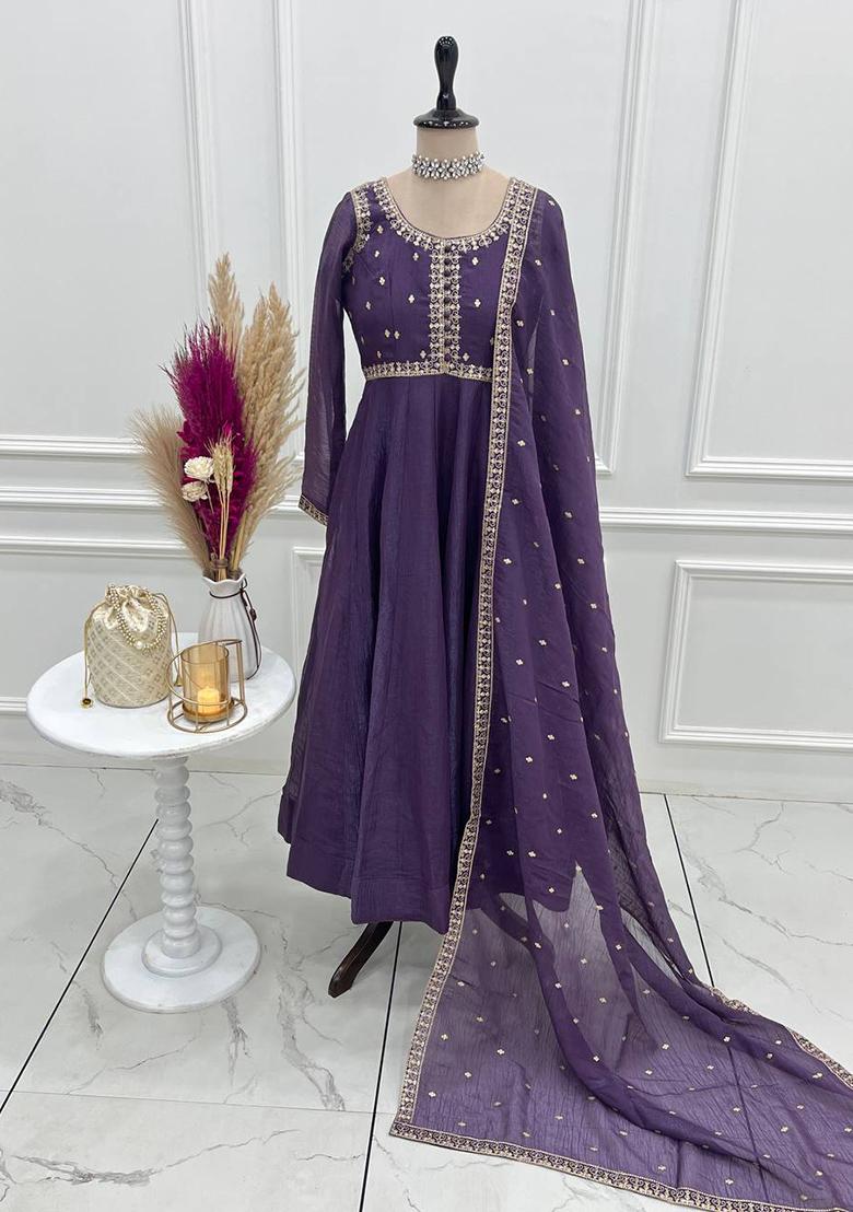 Purple Embroidery Silk Anarkali Set - Indya