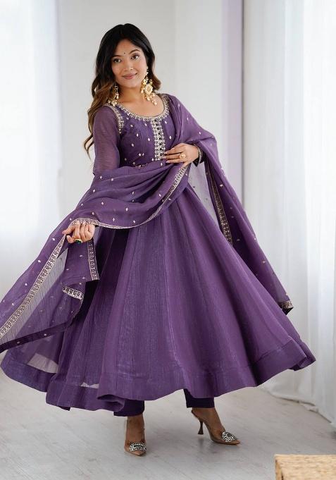 Purple Embroidery Silk Anarkali Set