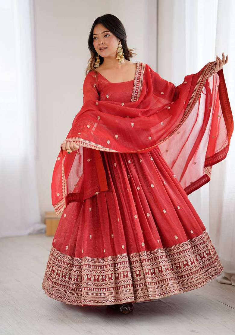 Rust Embroidery Silk Anarkali Set - Indya