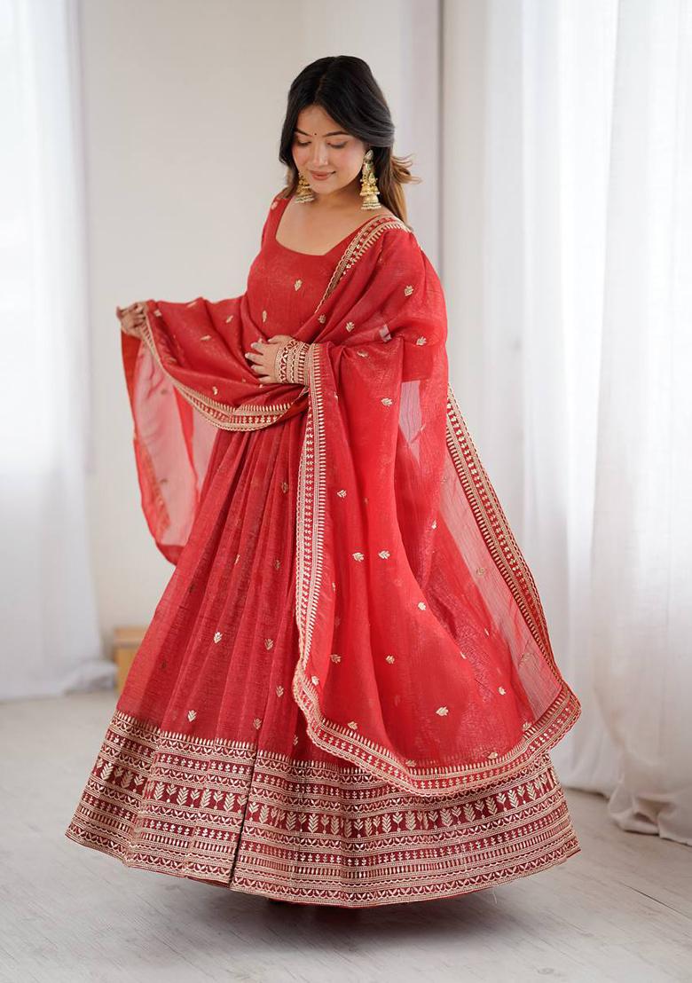 Rust Embroidery Silk Anarkali Set - Indya