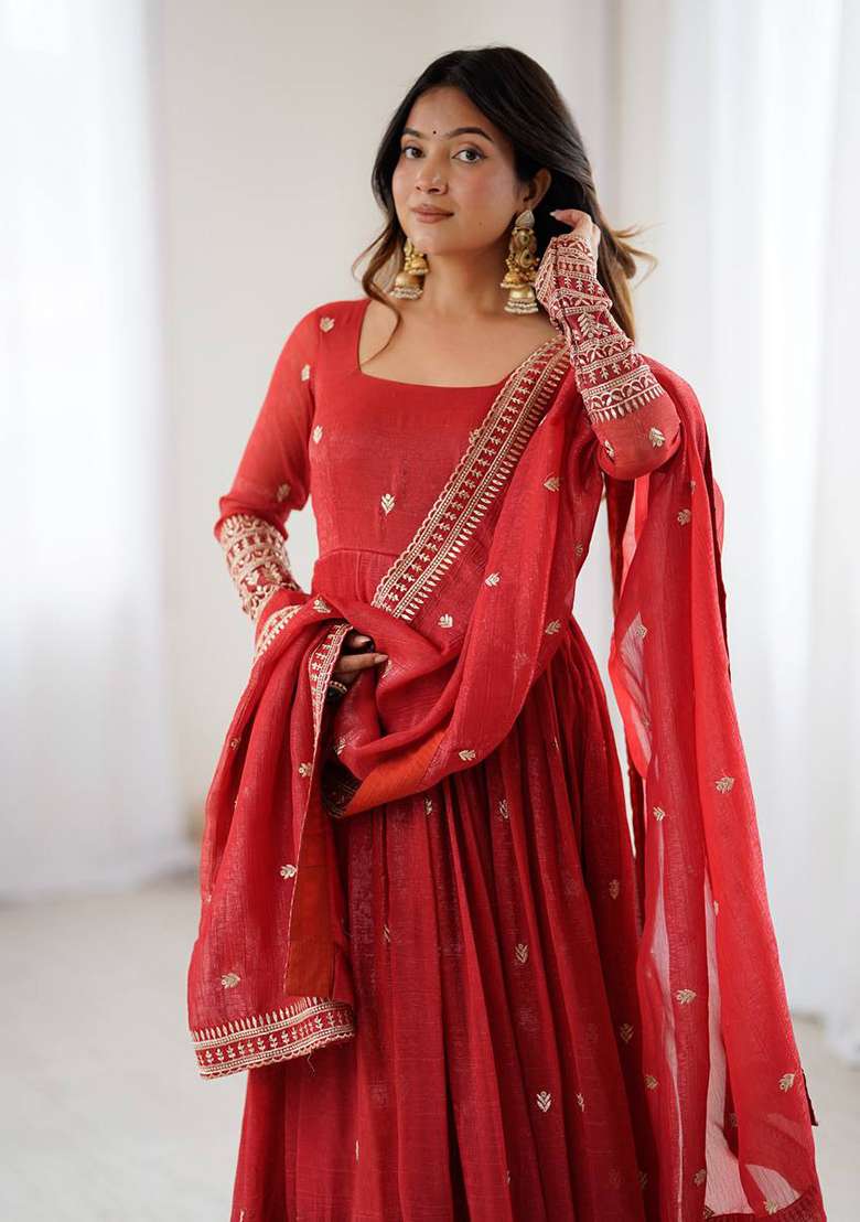 Rust Embroidery Silk Anarkali Set - Indya