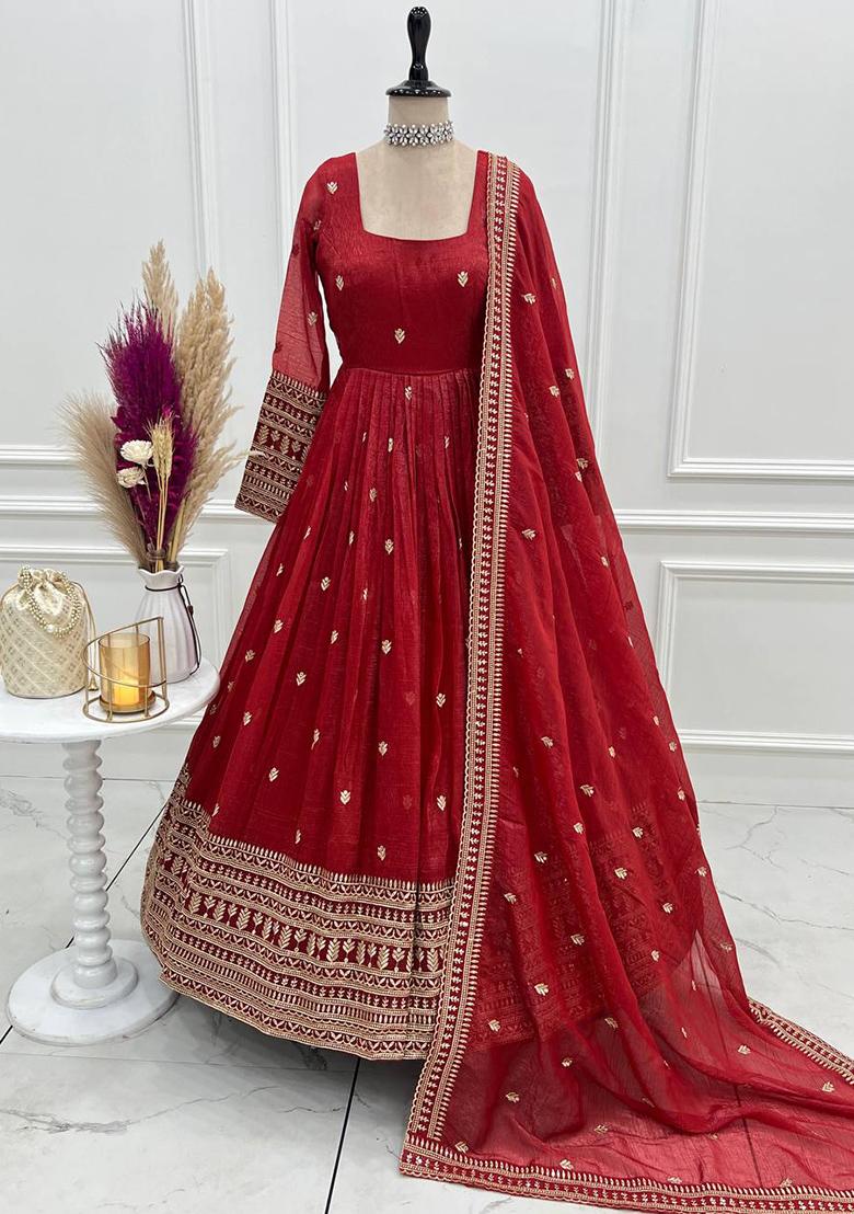 Rust Embroidery Silk Anarkali Set - Indya