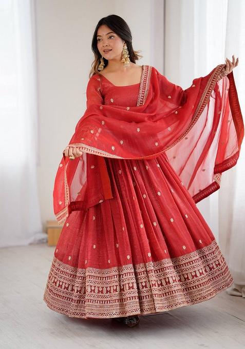 Rust Embroidery Silk Anarkali Set