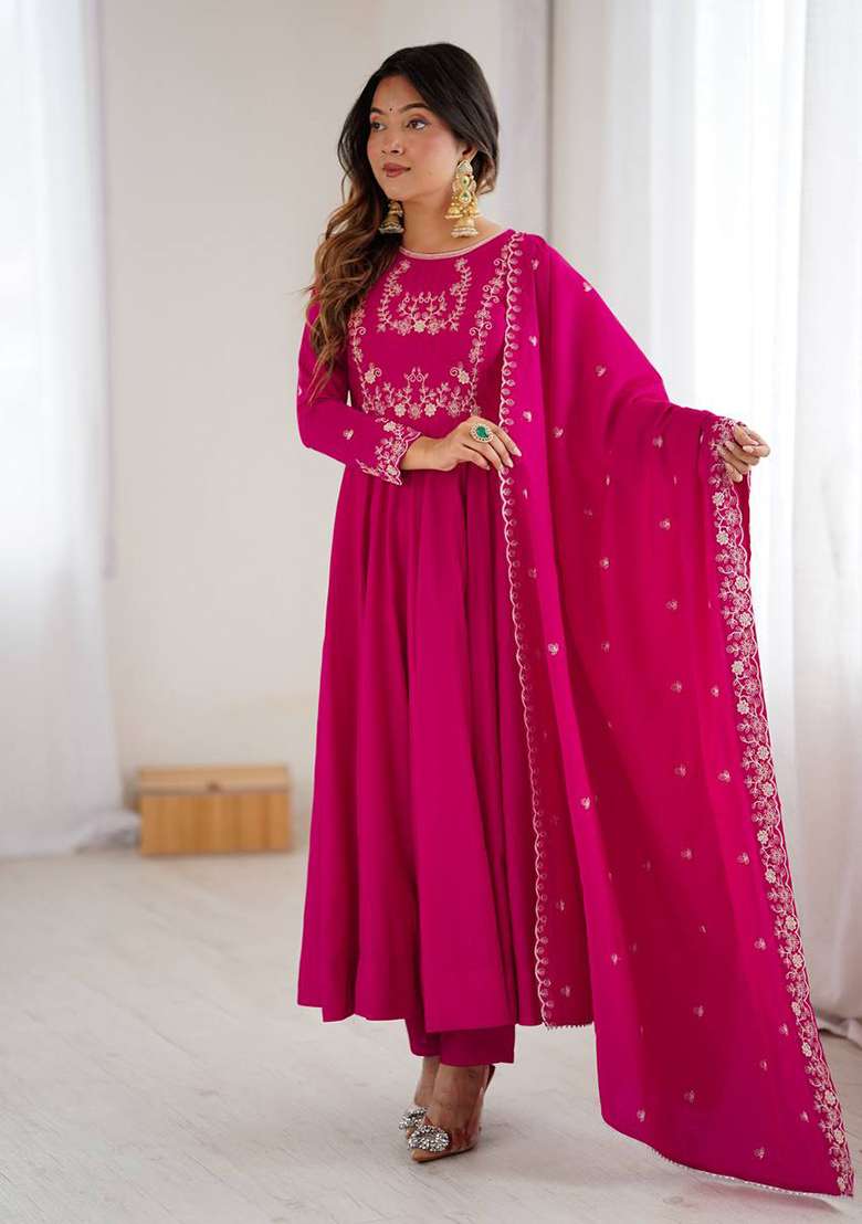 Dark Pink Handwork Beads Work Silk Anarkali Set - Indya
