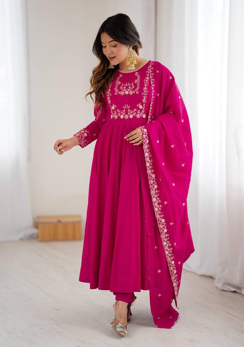 Dark Pink Handwork Beads Work Silk Anarkali Set - Indya