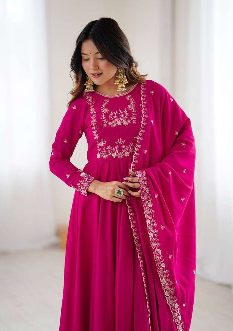 Dark Pink Handwork Beads Work Silk Anarkali Set - Indya