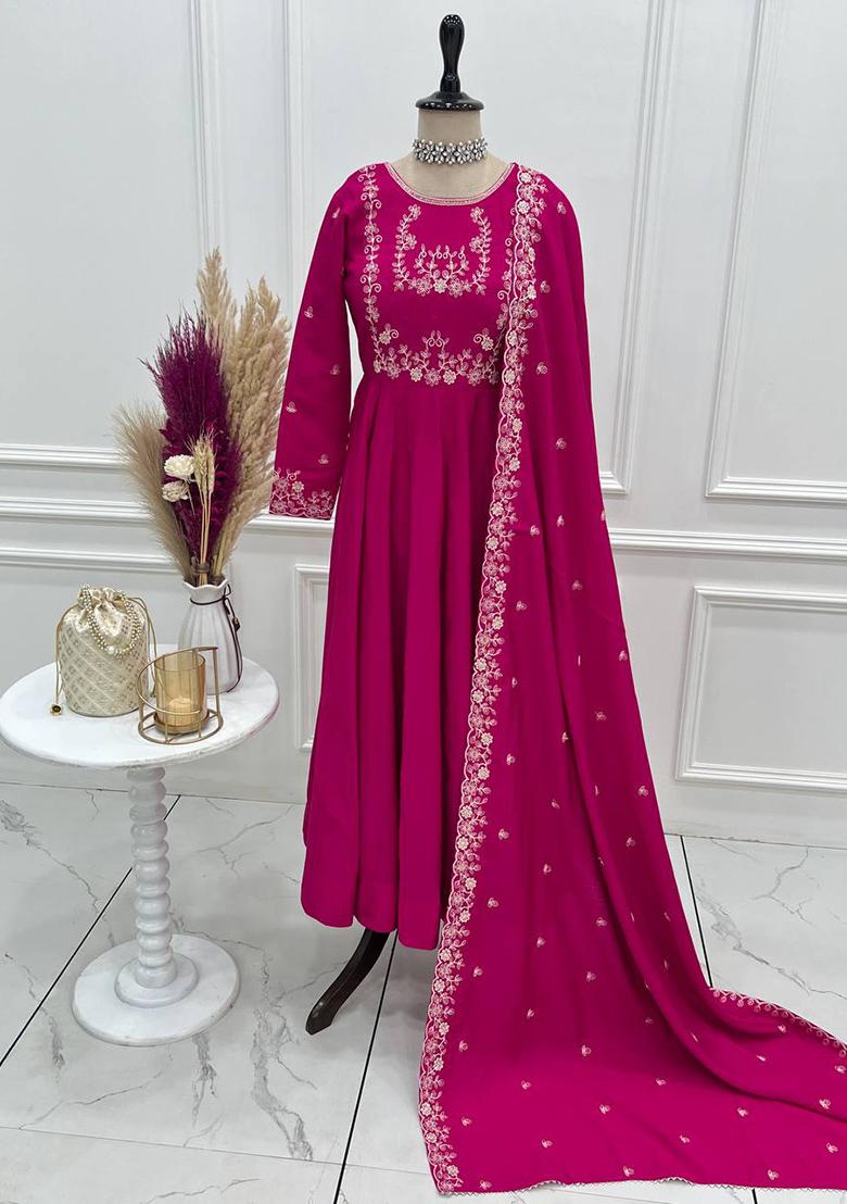 Dark Pink Handwork Beads Work Silk Anarkali Set - Indya