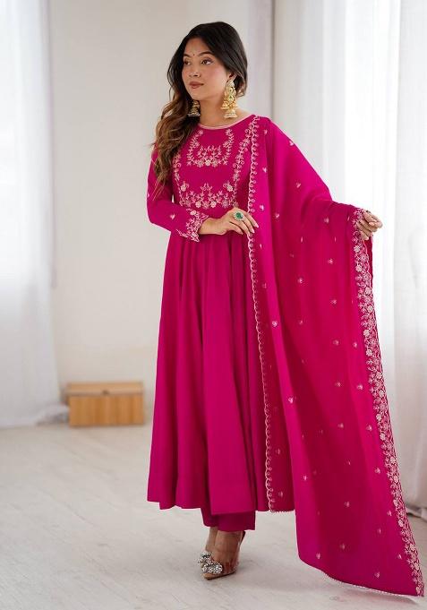 Dark Pink Handwork Beads Work Silk Anarkali Set