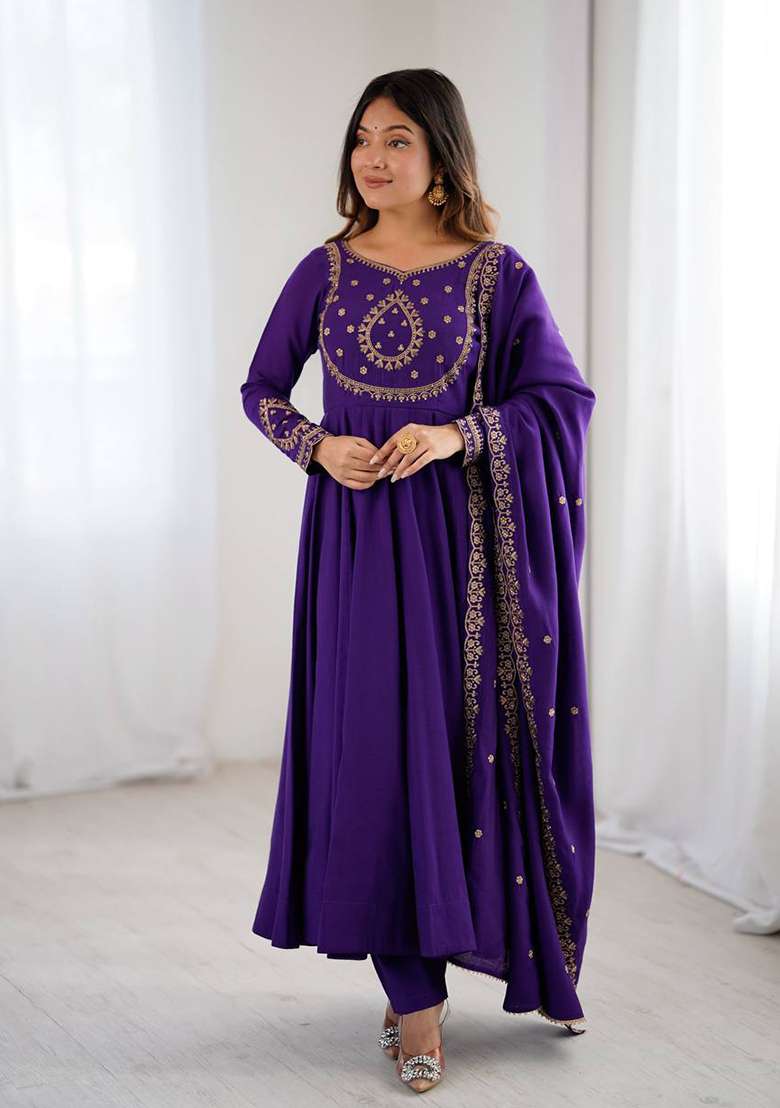 Purple Handwork Beads Work Silk Anarkali Set - Indya