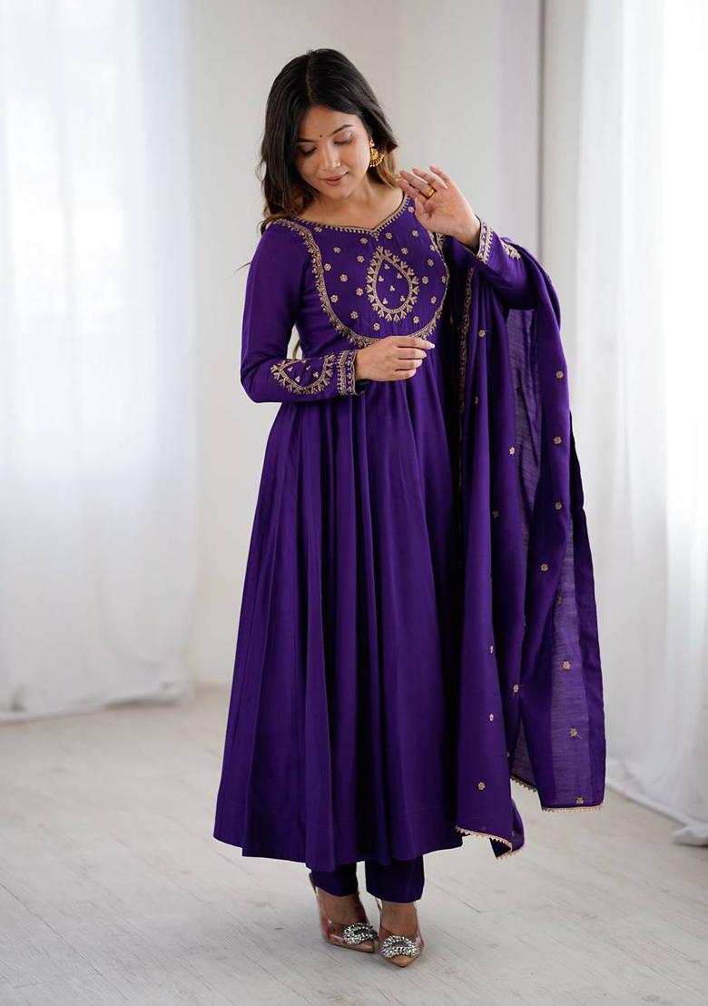 Purple Handwork Beads Work Silk Anarkali Set - Indya