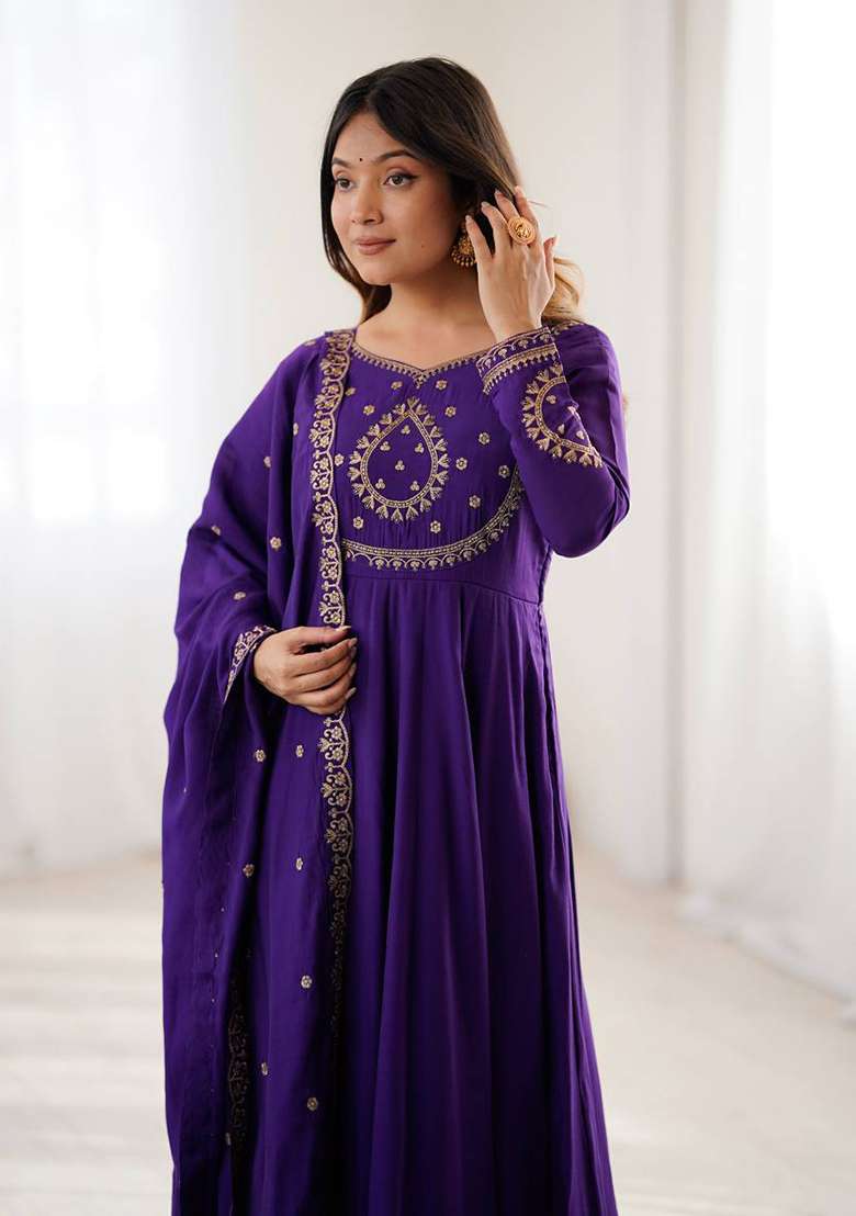 Purple Handwork Beads Work Silk Anarkali Set - Indya