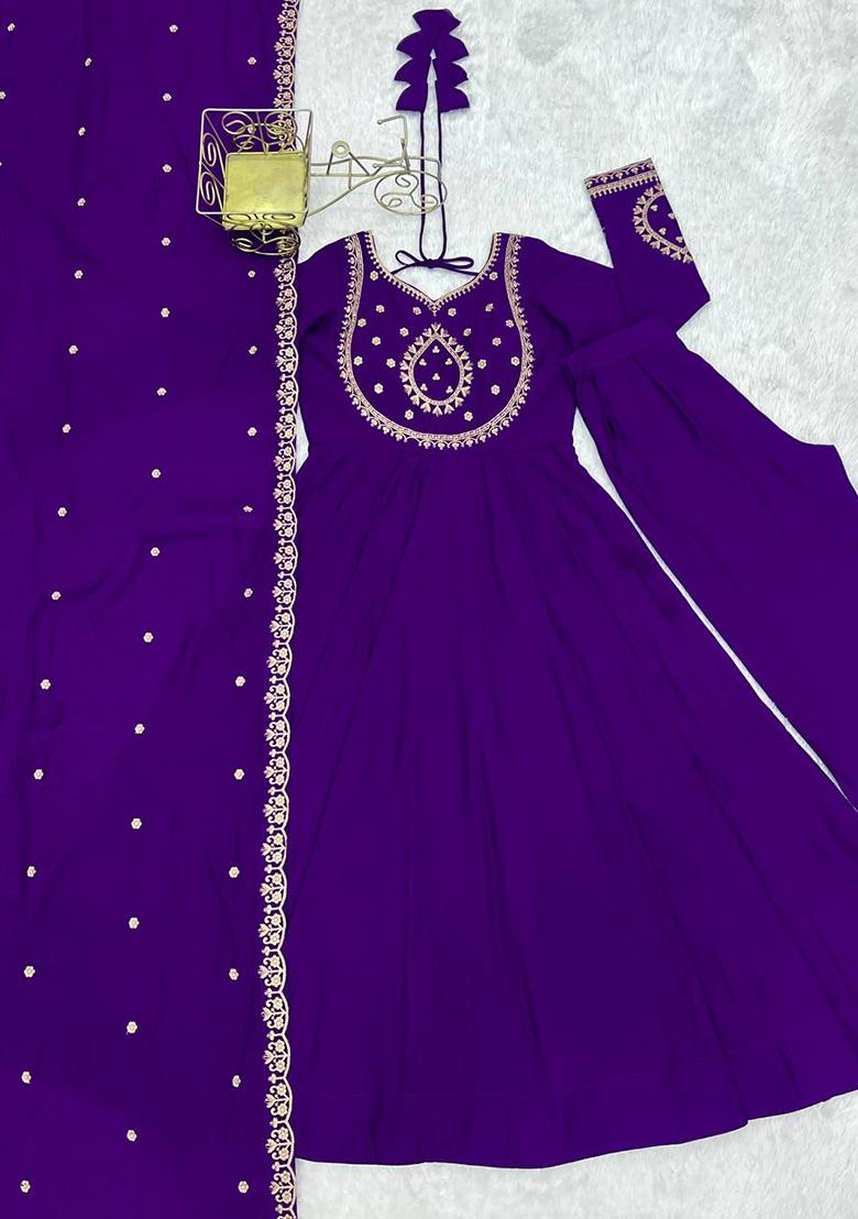 Purple Handwork Beads Work Silk Anarkali Set - Indya