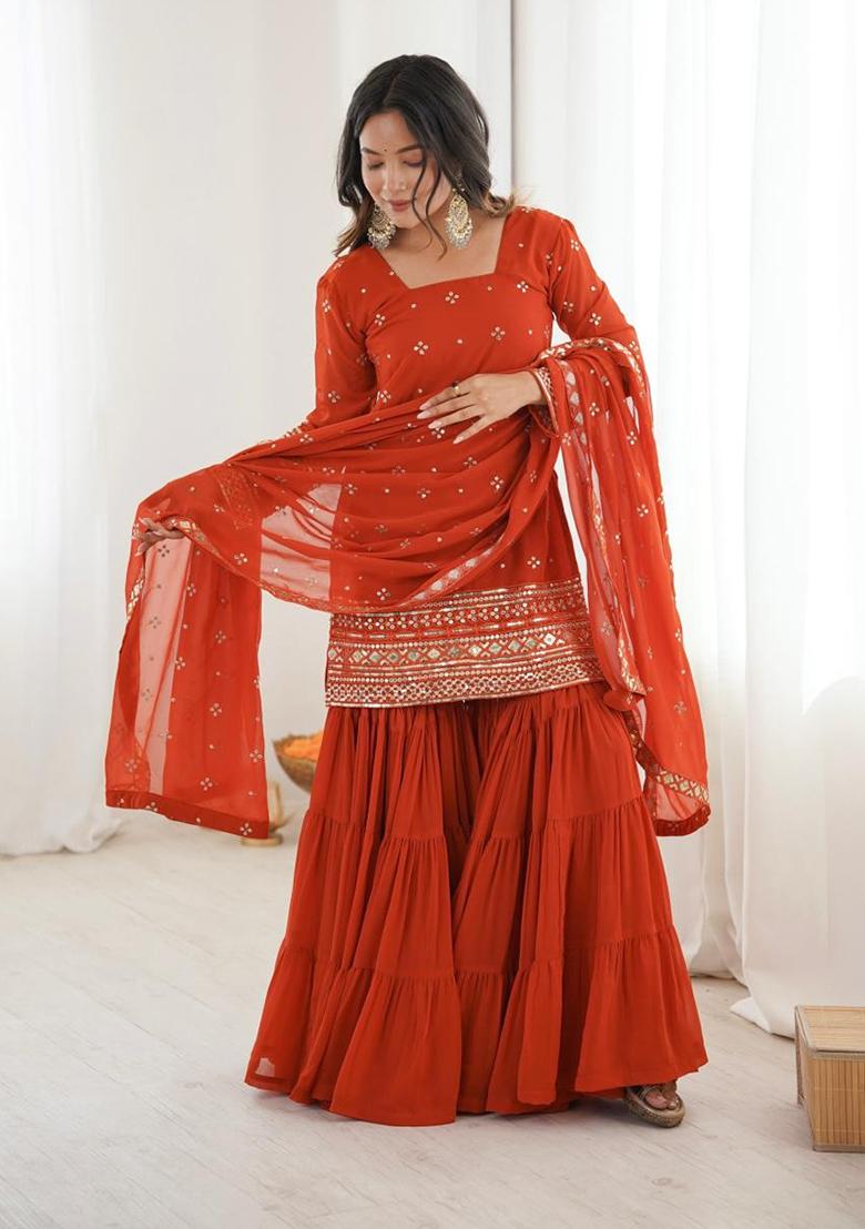Orange Mirror With Handwork Georgette Sharara - Indya