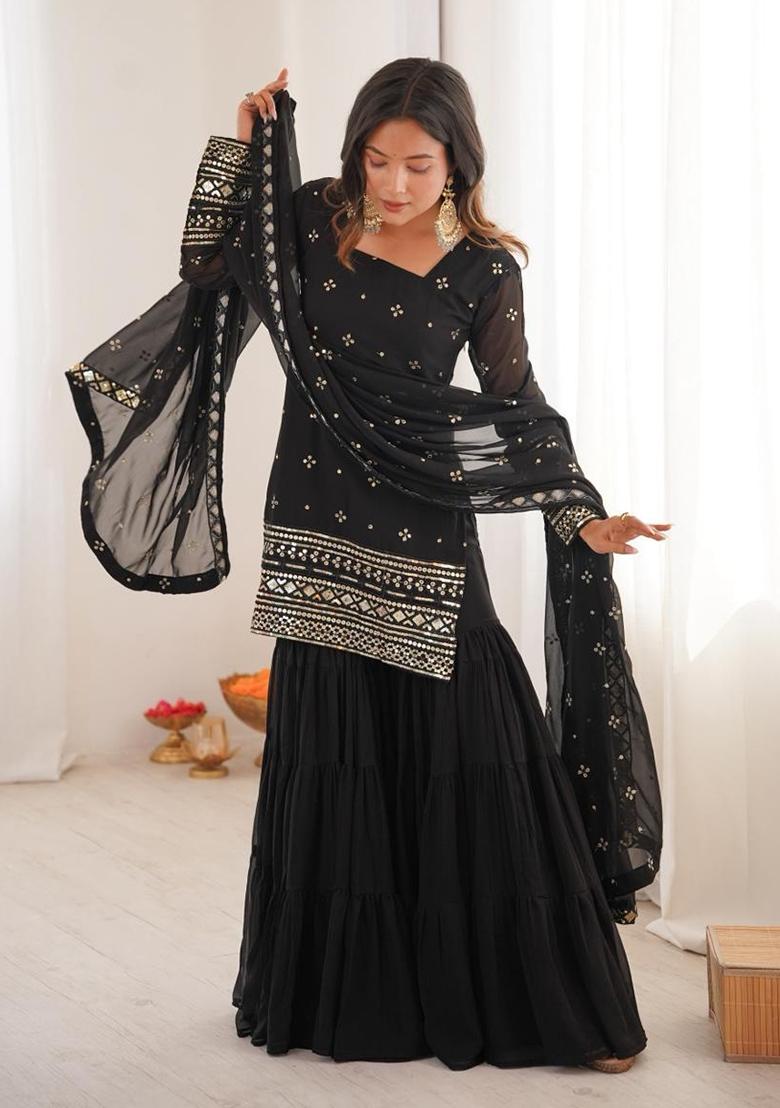 Black Mirror With Handwork Georgette Sharara - Indya