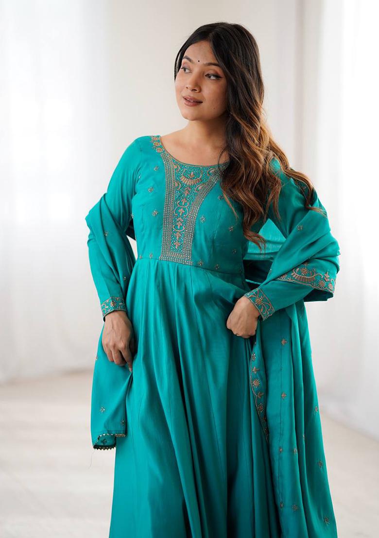 Rama Handwork Beads Work Silk Anarkali Set - Indya