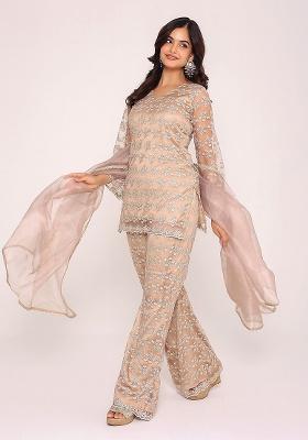 Beige Embroidered Net Sharara Set