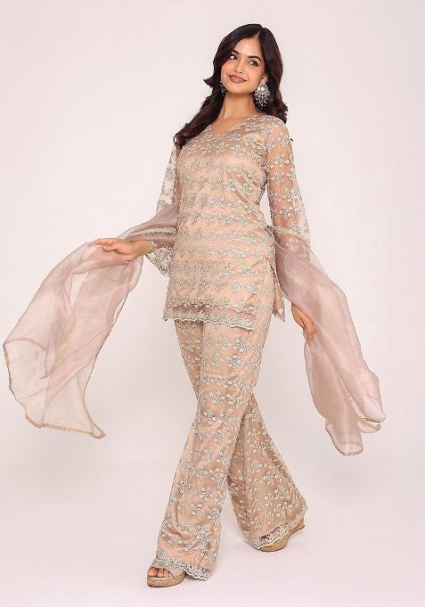 Beige Embroidery Net Kurta Set