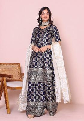 Blue Motif Brocade Kurta Set