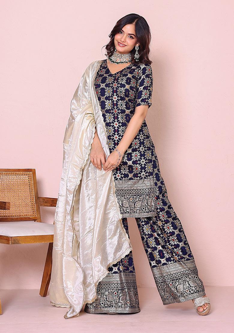 Blue Motif Brocade Kurta Set - Indya