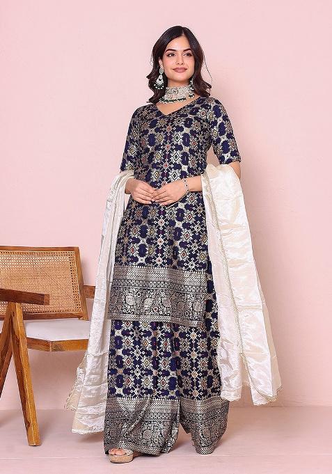 Blue Motif Brocade Kurta Set