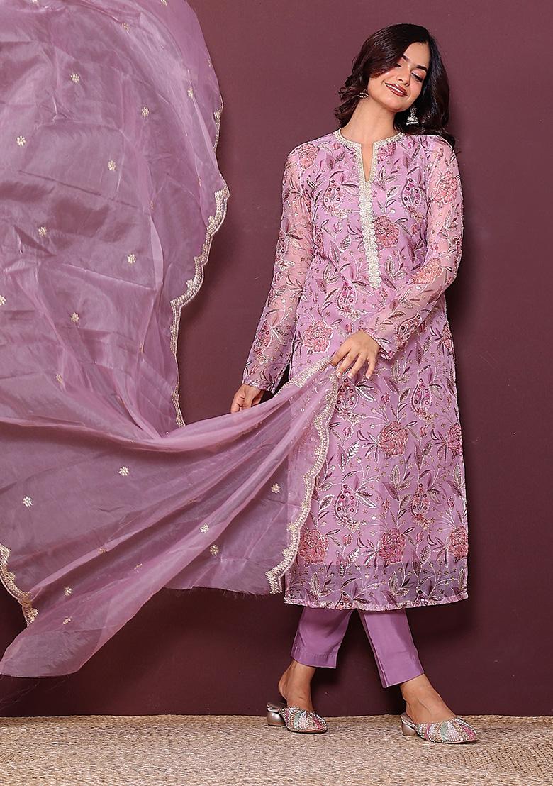Pink Embroidery Organza Kurta Set - Indya