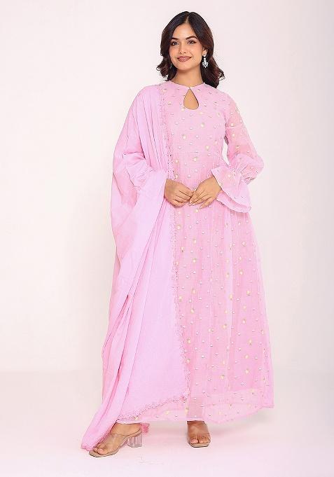 Pink Embroidery Mulmul Kurta Set
