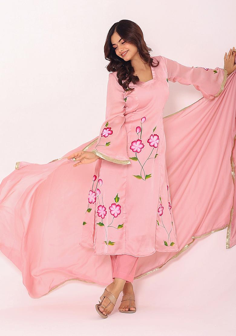 Pink Hand Paint Satin Kurta Set - Indya