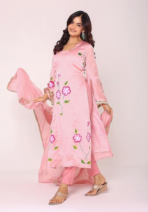 Pink Hand Paint Satin Kurta Set