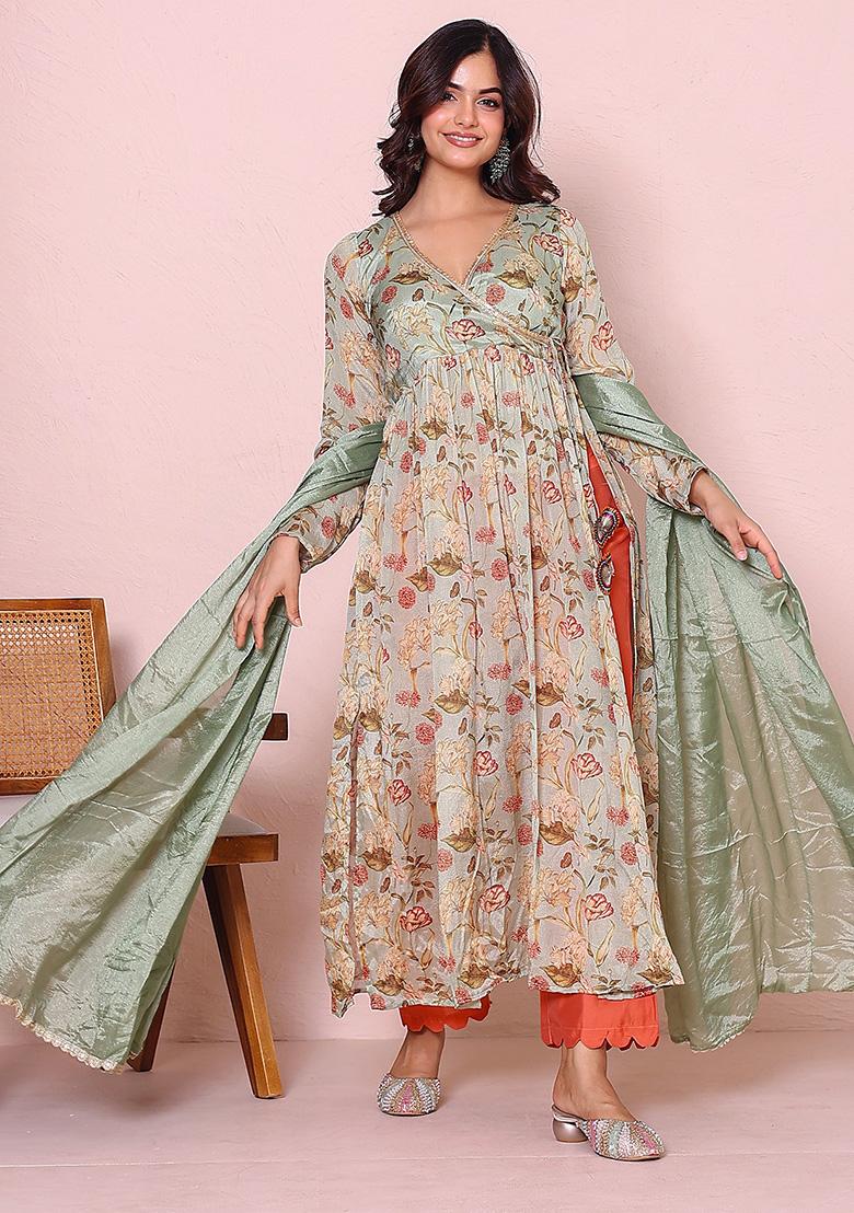 Mint Printed Chinon Kurta Set - Indya