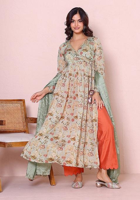 Mint Printed Chinon Kurta Set