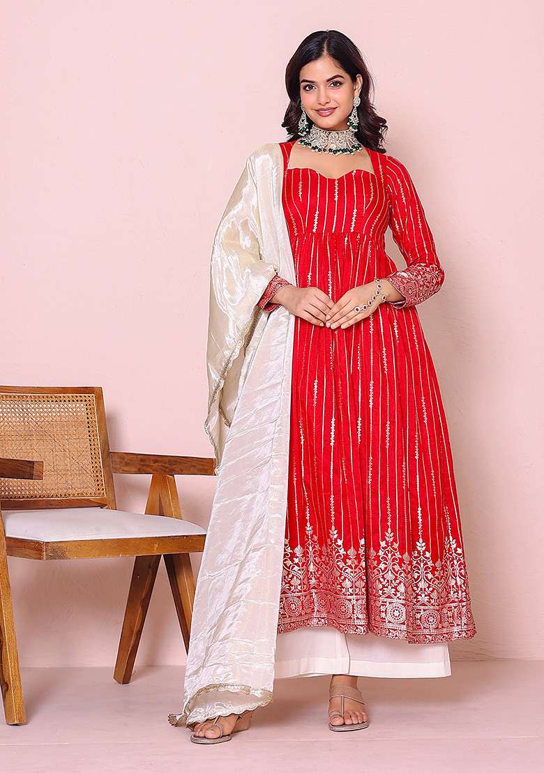 Red Embroidered Silk Blend Anarkali Set - Indya