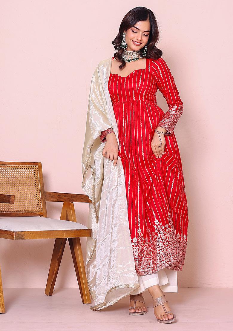 Red Motif Dolasilk Kurta Set - Indya