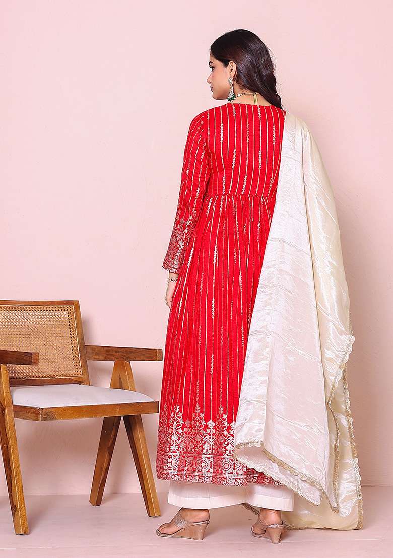 Red Embroidered Silk Blend Anarkali Set - Indya