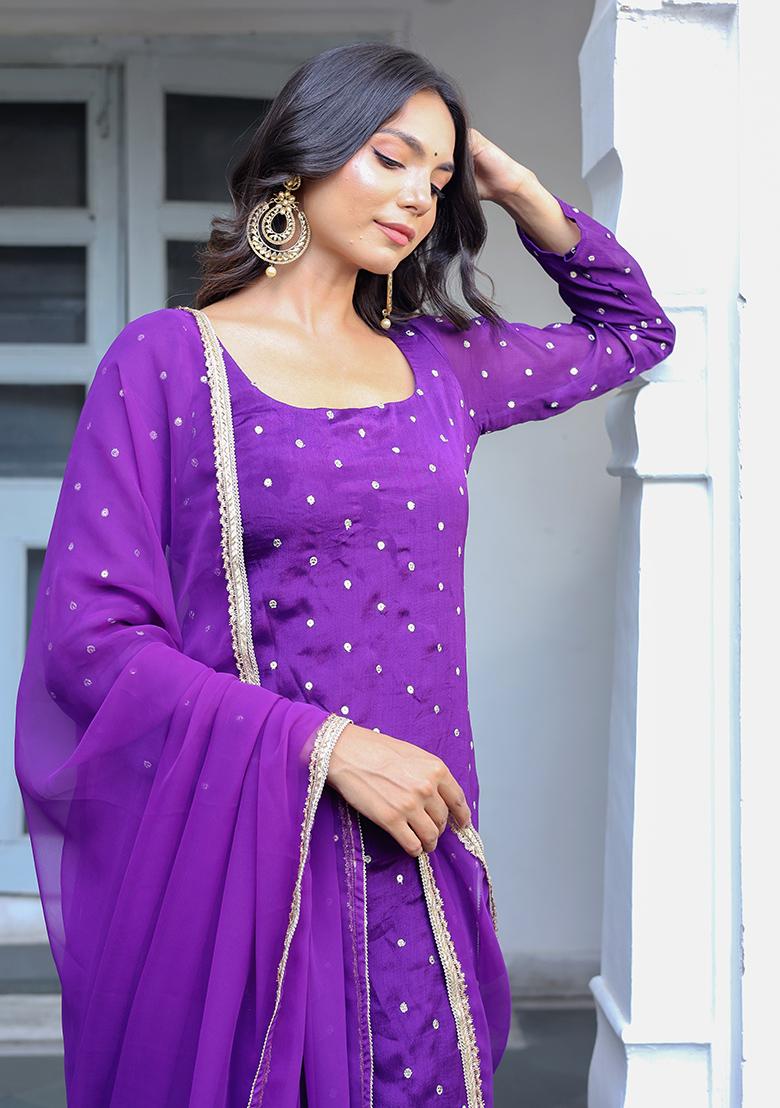 Purple Embroidery Chinon Kurta Set - Indya