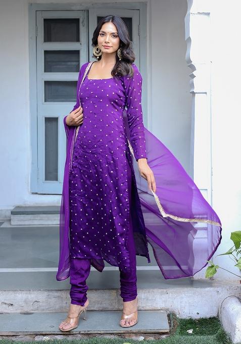 Purple Embroidery Chinon Kurta Set