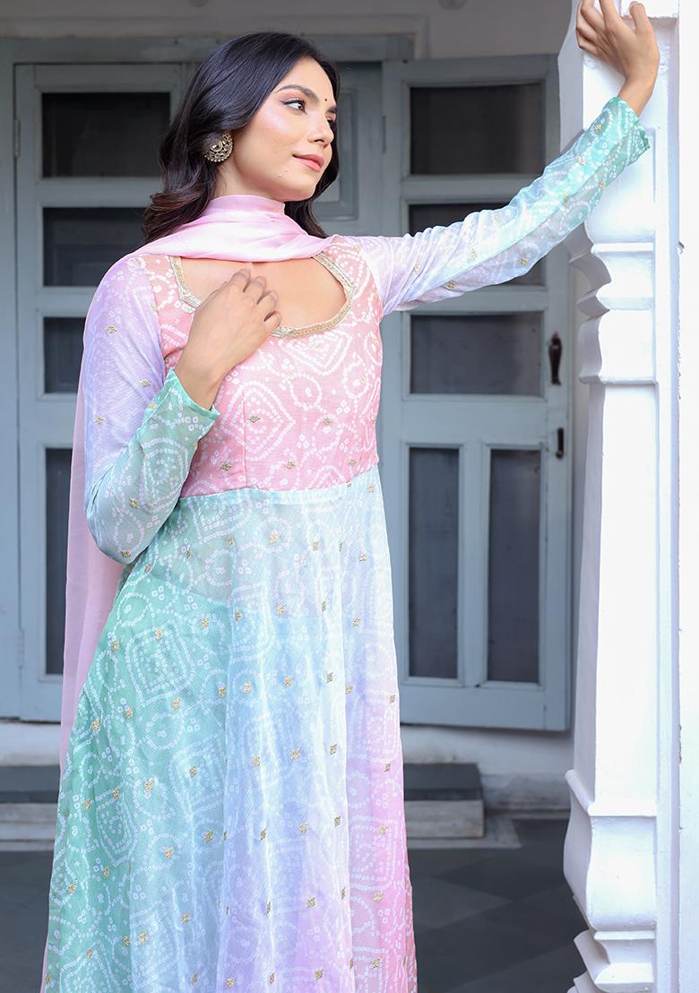 Multicolor Printed Georgette Kurta Set - Indya