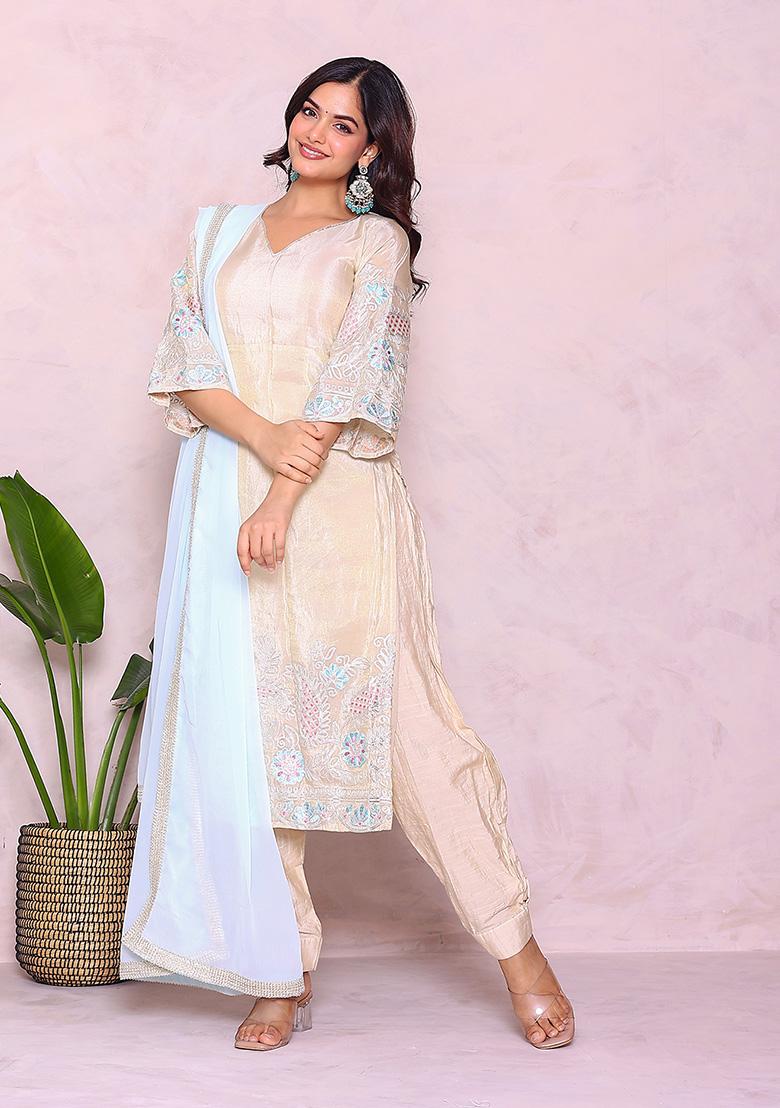 Off White Embroidery Zari Tissue Kurta Set - Indya